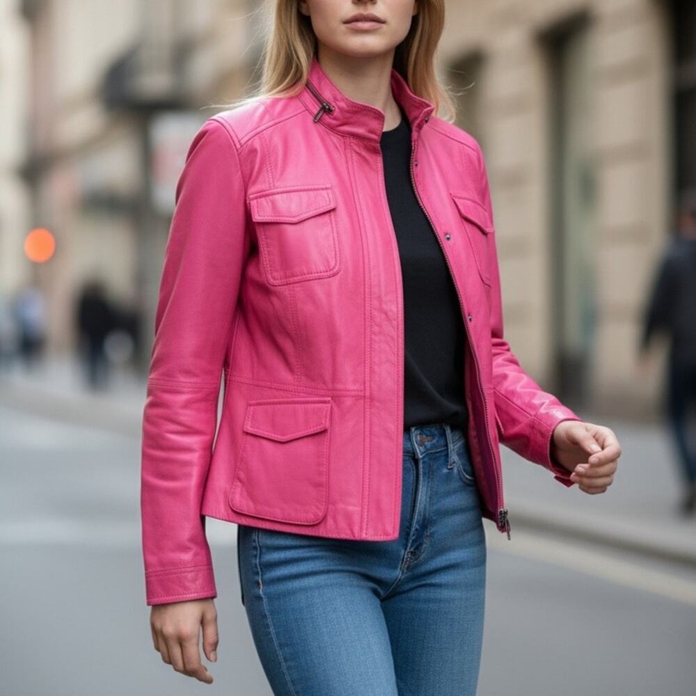 Worth Women’s XL Vibrant Pink Buttery Soft Zip Leather Jacket/Coat/Blazer